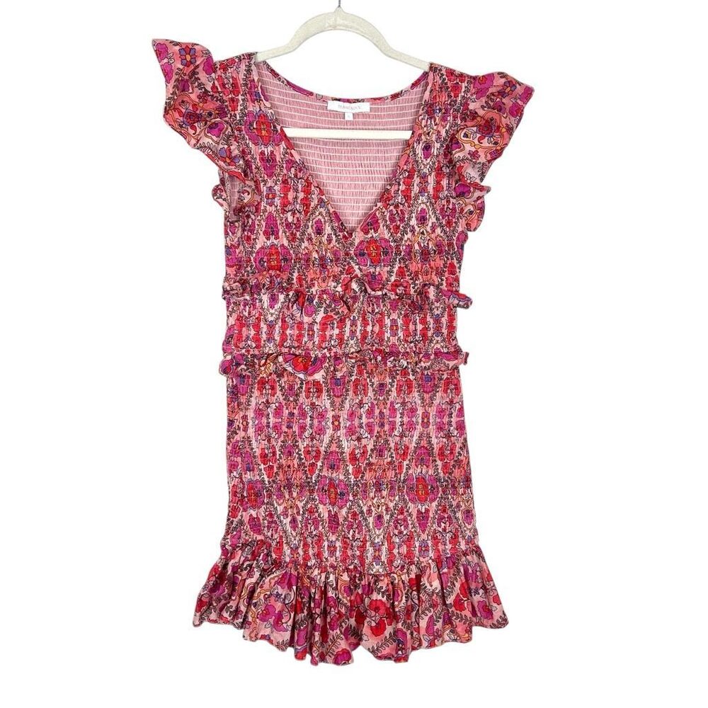Olivaceous Mini Dress smocked Shirred Small Red Pink Floral V-Neck Ruffle Sleeve
